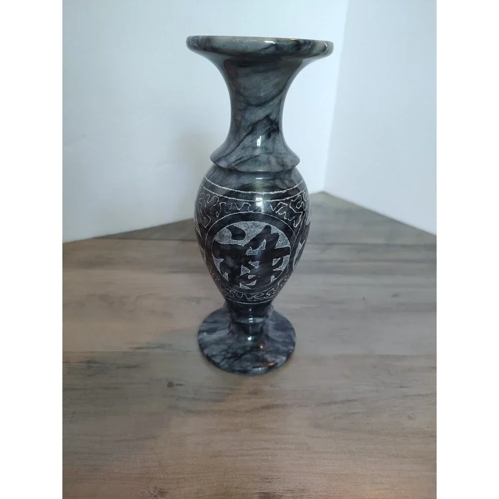 Four Blessings Vase Collectible Black & Grey Marble Carved Chinese Art EUC 8